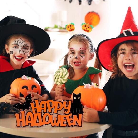 Halloween Table Decorations Happy Halloween Sign Black Cat Bat Tabletop - Picture 2 of 7